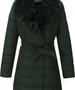 Women's Puffer Jacket Faux Leather Bubble Padding Sherpa-Lined Coat with Removable Fur Collar