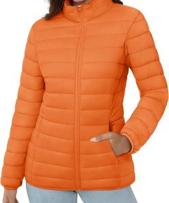 Women's Puffer Jacket Lightweight Quilted Padded 4 Pockets Zip-up Stand-collar Winter Fleece Coat