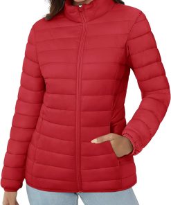 Women's Puffer Jacket Lightweight Quilted Padded 4 Pockets Zip-up Stand-collar Winter Fleece Coat