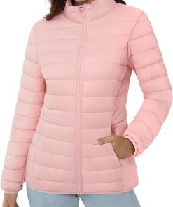 Women-s Puffer Jacket Lightweight Quilted Padded 4 Pockets Zip-up Stand-collar Winter Fleece Coat