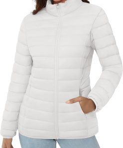 Women-s Puffer Jacket Lightweight Quilted Padded 4 Pockets Zip-up Stand-collar Winter Fleece Coat