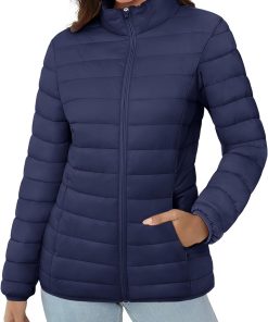 Women's Puffer Jacket Lightweight Quilted Padded 4 Pockets Zip-up Stand-collar Winter Fleece Coat