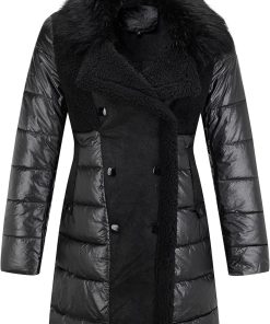 Women's Puffer Jacket Faux Leather Bubble Padding Sherpa-Lined Coat with Removable Fur Collar